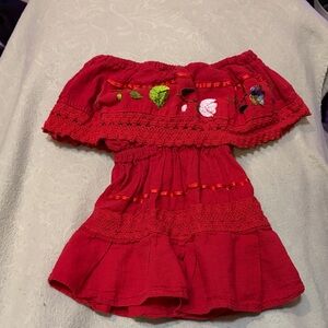 Red Off-Shoulder Dress with Floral Embroidery